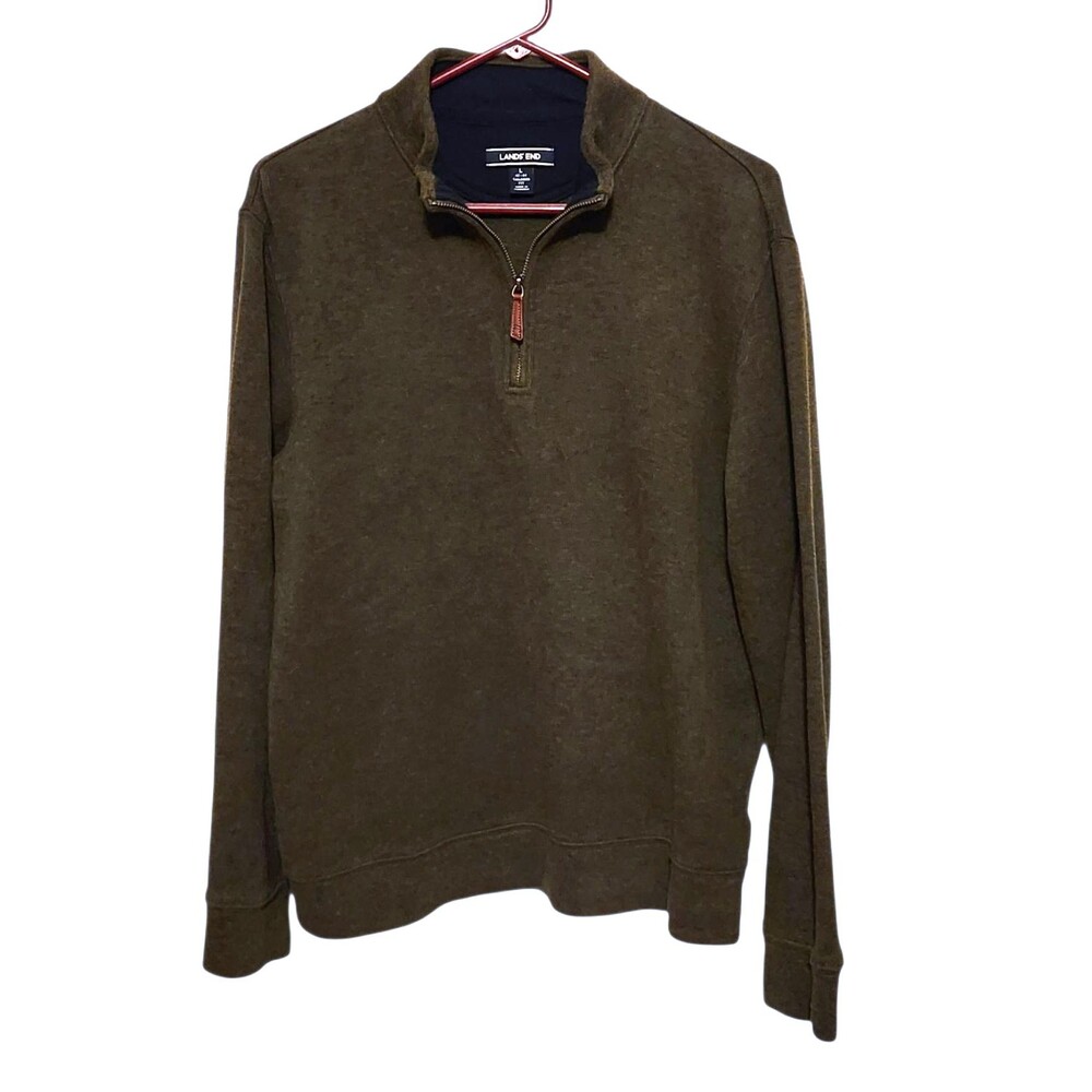 Land's End  1/4 Zip Pullover Top Ribbed Knit  Olive Green Cotton Men's Large